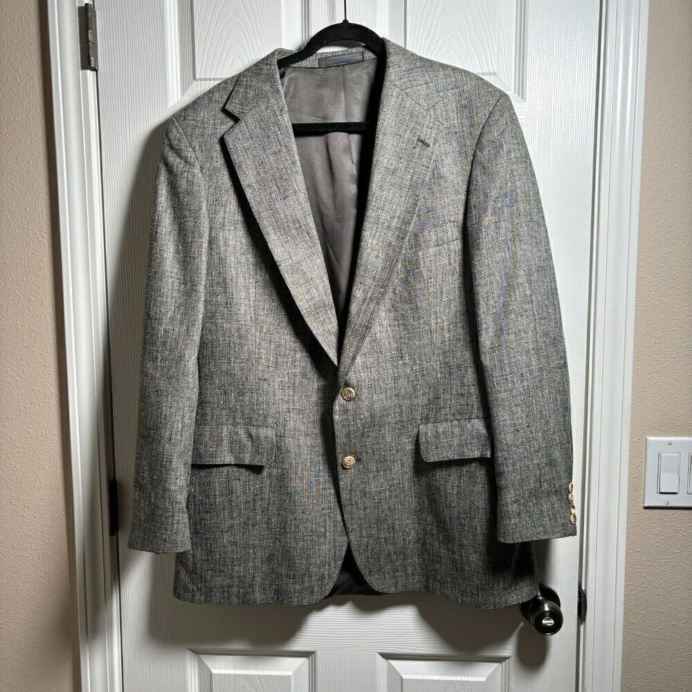 Christian Brooks 100% Silk Gray Blazer Suit Jacket 44 L Tweed 2 Button Pocket US - Picture 2 of 10